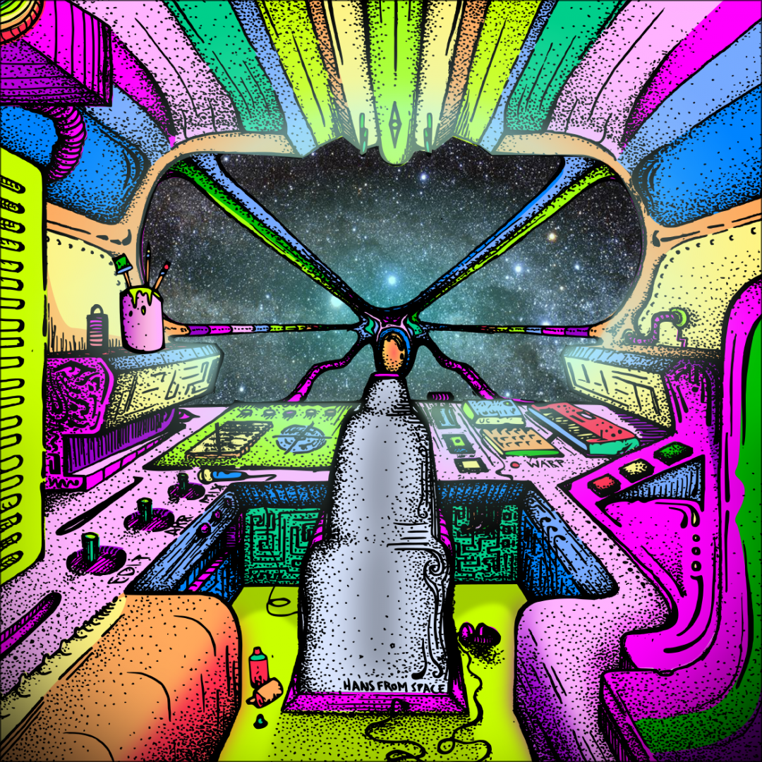 Spaceship Cockpit Colorful Keyvisual by Hans From Space handdrawn digitized